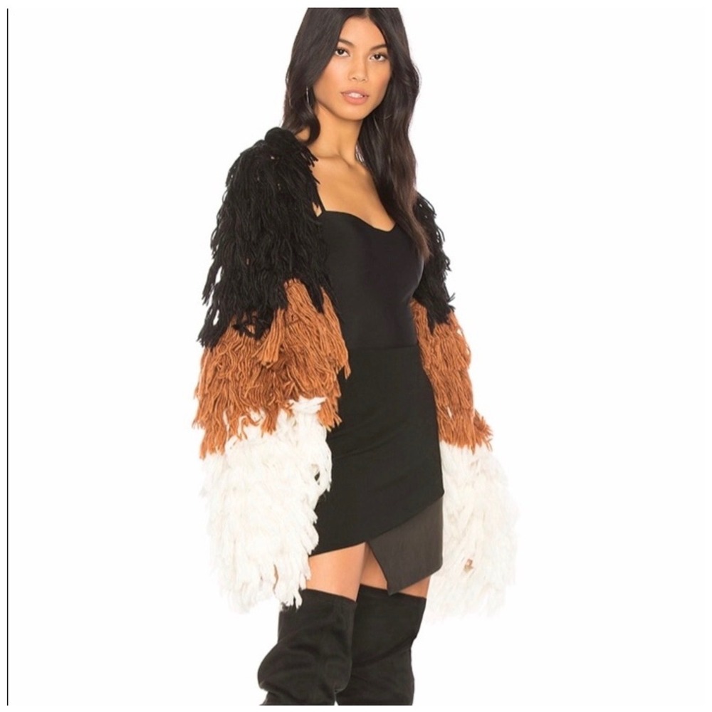 Chrissy Teigen x‎ REVOLVE Shaggy Fringe Cardigan Coat Black Brown Cream XS